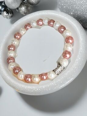 Hand Crafted Pink and White Pearl Beaded Bracelet
